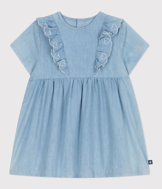 Babies' short-sleeved cotton dress in chambray, embroidered with hearts BLEU CLAIR blue
