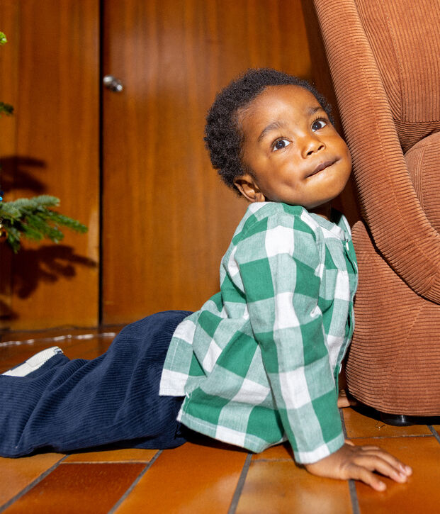 Babies' Long-Sleeved Checked Flannel Shirt MATCHA/ecru