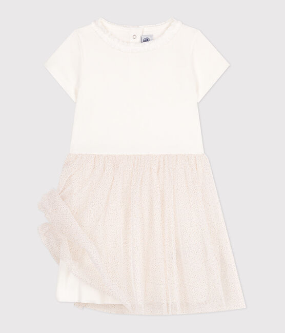 Children's short-sleeved cotton and tulle dress MARSHMALLOW white/COPPER pink