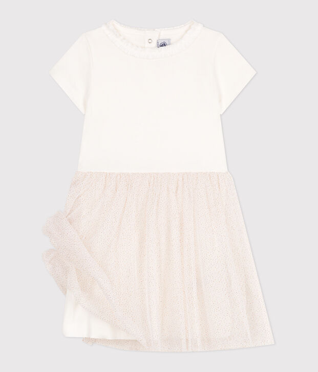 Children's short-sleeved cotton and tulle dress white/pink