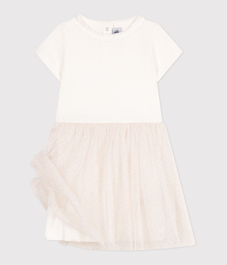 Children's short-sleeved cotton and tulle dress white/pink