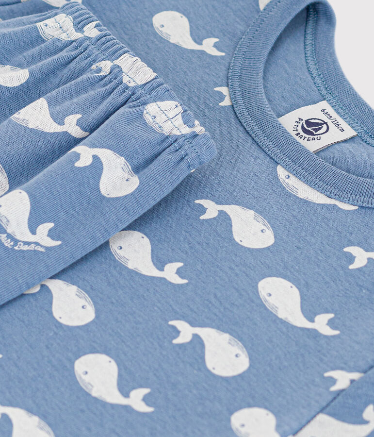 Children's Short Cotton Whale Print Pyjamas BEACH blue/MARSHMALLOW