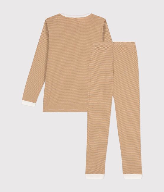 Junior stripy cotton pyjamas CUIVRE brown/MARSHMALLOW