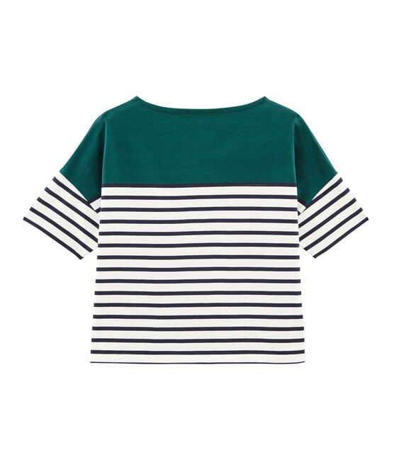 Women's short-sleeved stripy breton top PINEDE green/MARSHMALLOW white/SMOKING