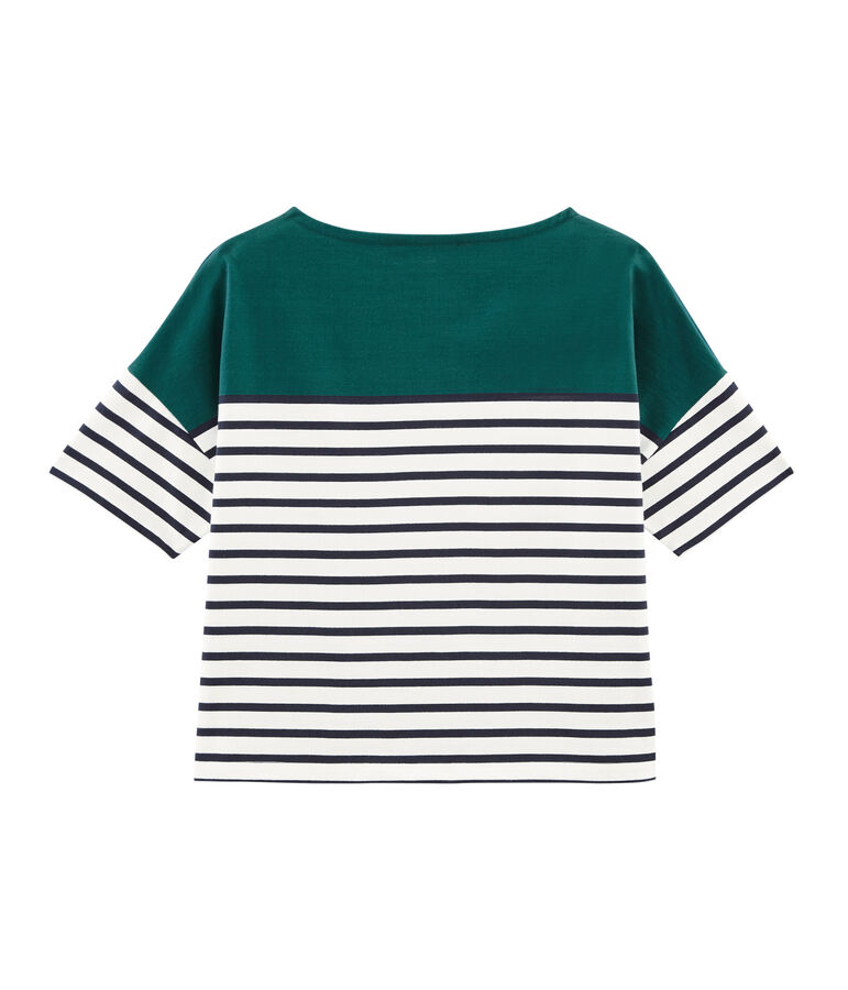 Women's short-sleeved stripy breton top green/white/blue
