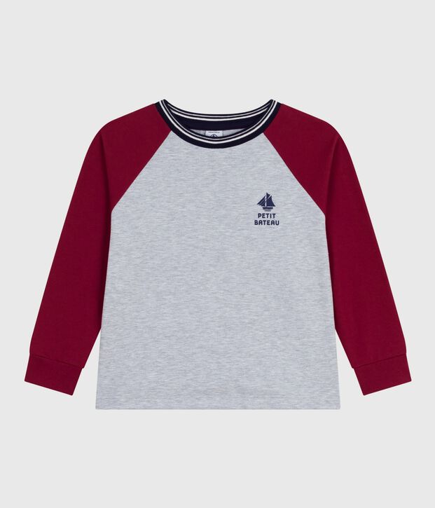 Children's long-sleeved plain cotton T-shirt grey/red