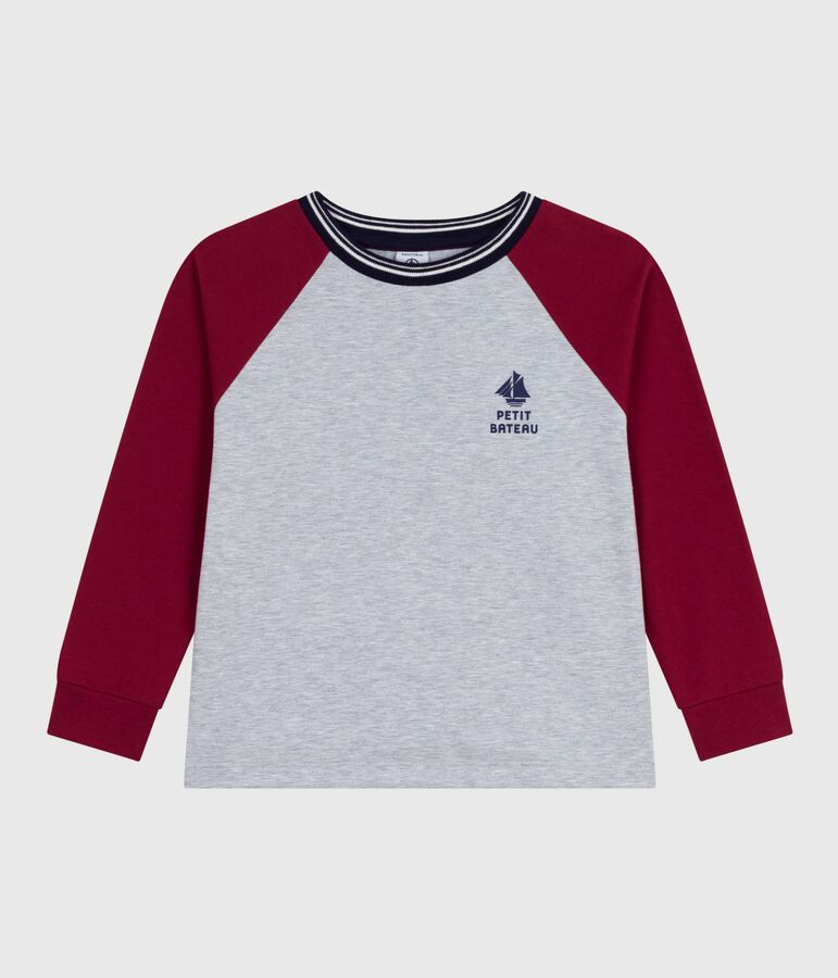 Children's long-sleeved plain cotton T-shirt grey/red