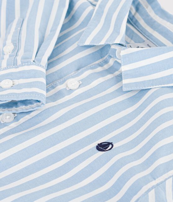 Children's long-sleeved stripy cotton shirt FLO blue/MARSHMALLOW