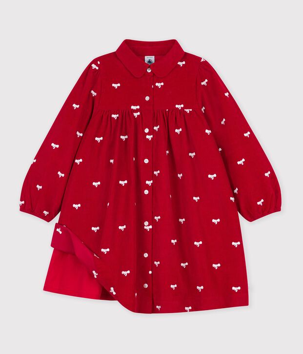 Children's corduroy dress with long sleeves and printed with bows red/ecru