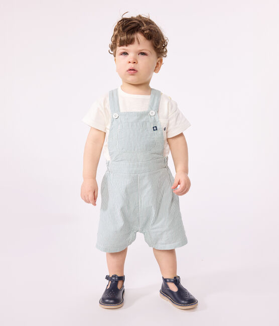 Babies' short-legged stripy cotton dungarees MARSHMALLOW white/BRUT blue