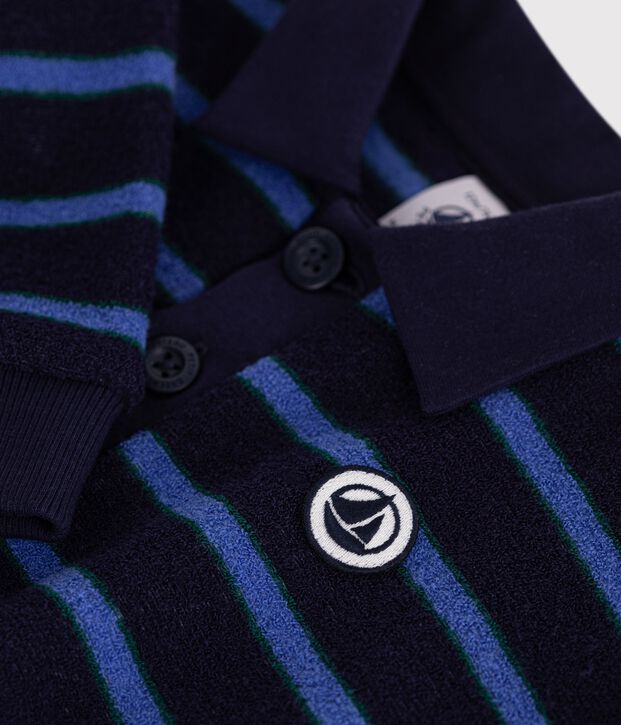 Babies' stripy 0cotton sweatshirt with a polo collar blue/multicolor