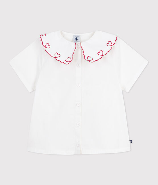 Children's short-sleeved blouse in plain cotton poplin. ECUME white