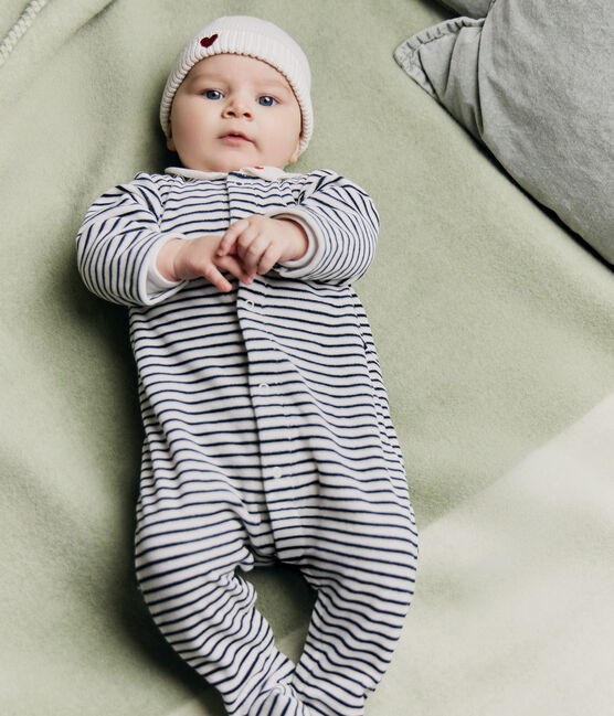 Babies' printed velour pyjama suit with a collar MARSHMALLOW white/SMOKING blue