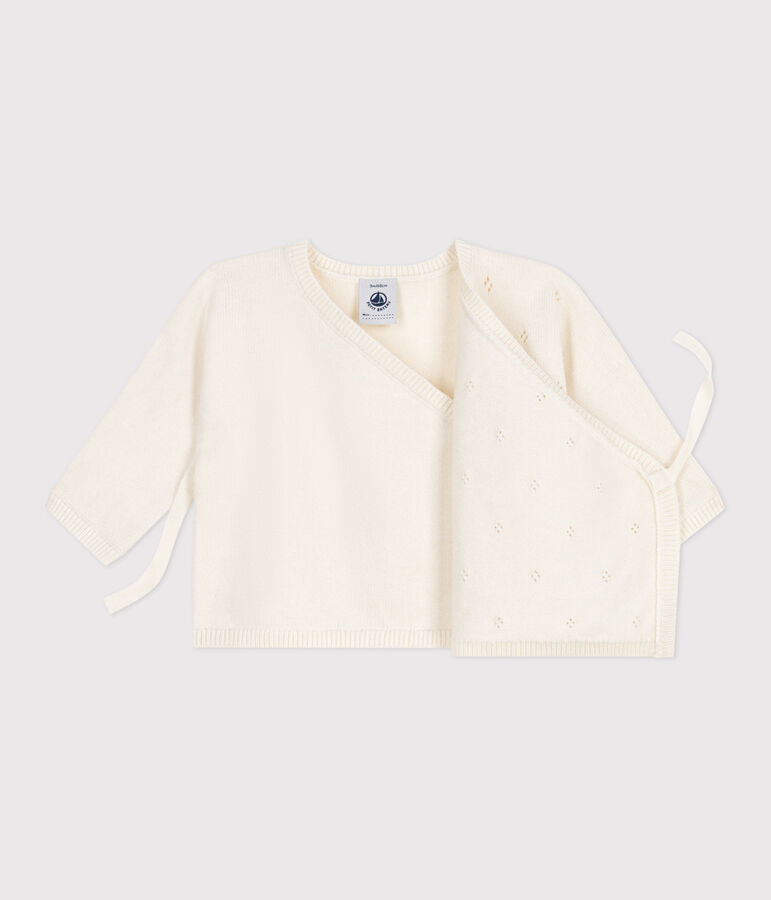 Babies' wool and cotton openwork knit wrapover top white