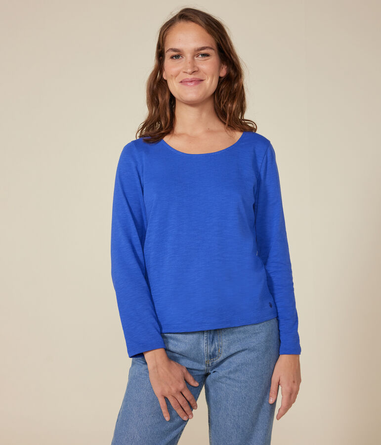 Women's Straight long-sleeved scoop neck T-shirt in slub jersey CALVIN blue