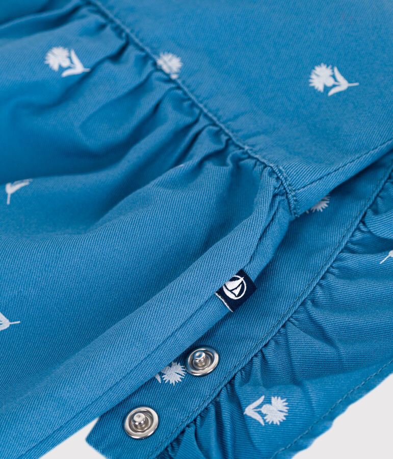 Babies' long cotton dungarees, embroidered with flowers blue/white