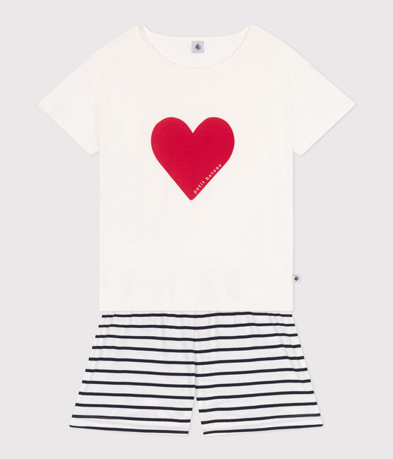 Women's short heart print cotton pyjamas MARSHMALLOW white/SMOKING blue