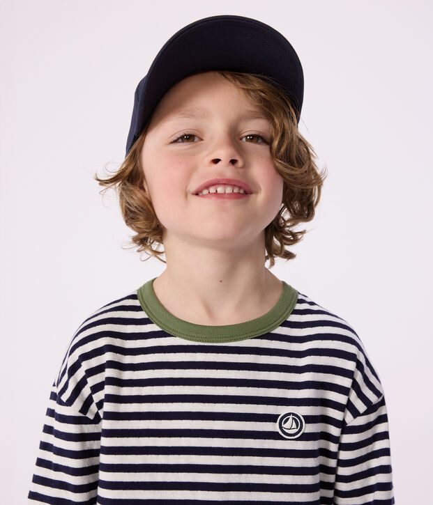 Children's long-sleeved stripy cotton T-shirt blue/ecru