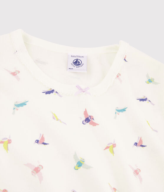 Girls' Snugfit Birds Print Ribbed Pyjamas MARSHMALLOW white/MULTICO white
