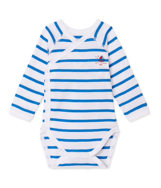 Newborn baby boy long-sleeved striped bodysuit ECUME white/DELPHINIUM blue