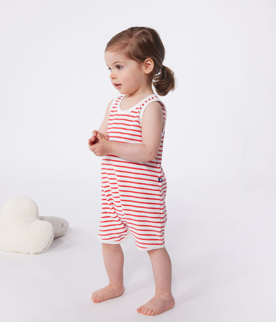 Babies' short stripy cotton jumpsuit MARSHMALLOW red/SPI