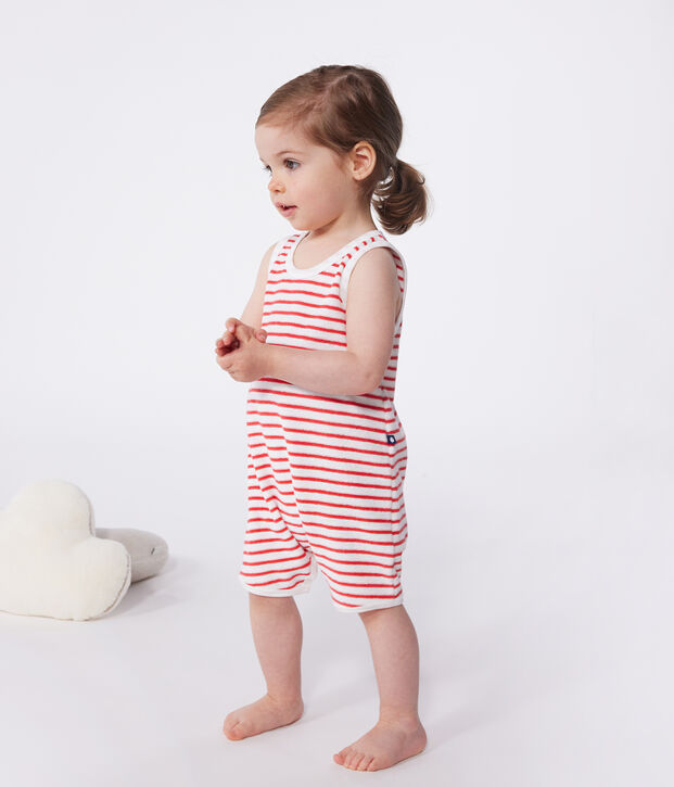 Babies' short stripy cotton jumpsuit red/red