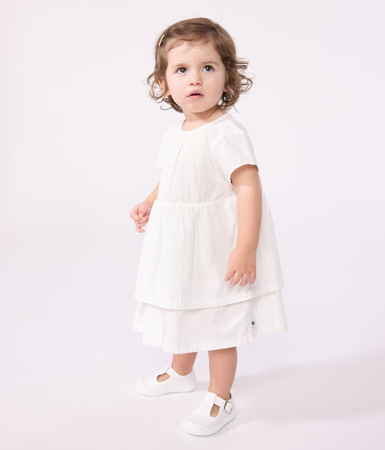 Babies' short-sleeved lightweight cotton dress for special occasions ECUME white/ARGENT