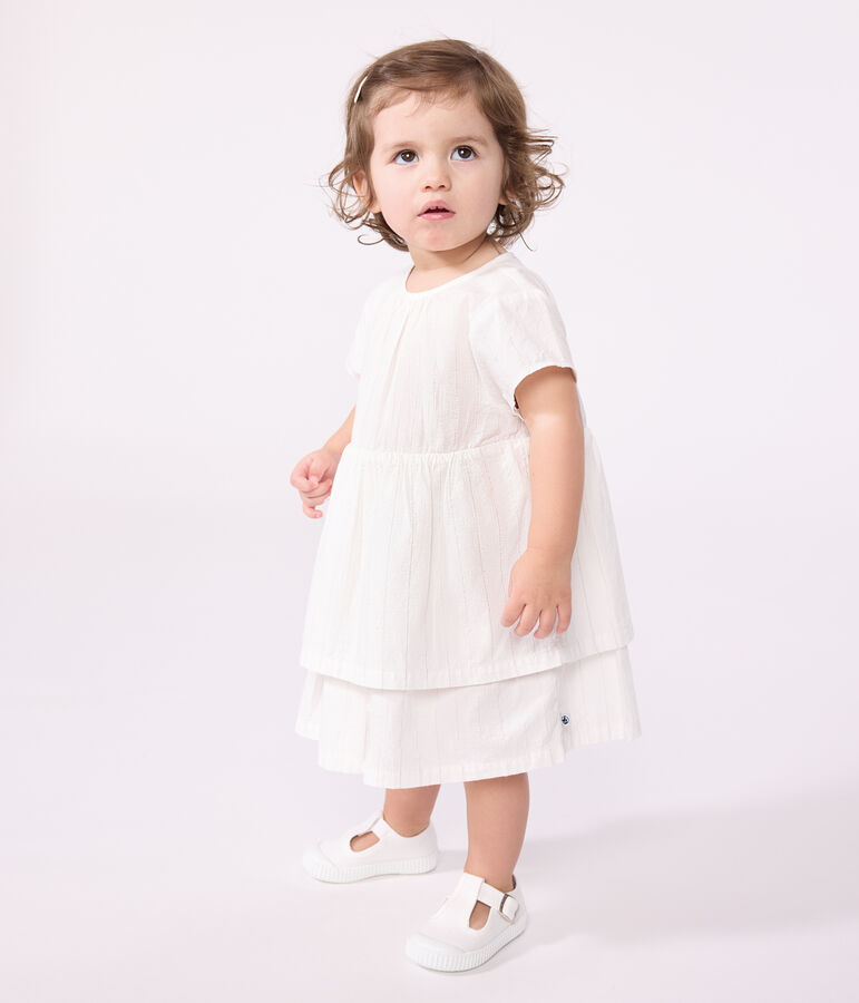 Babies' short-sleeved lightweight cotton dress for special occasions white/grey
