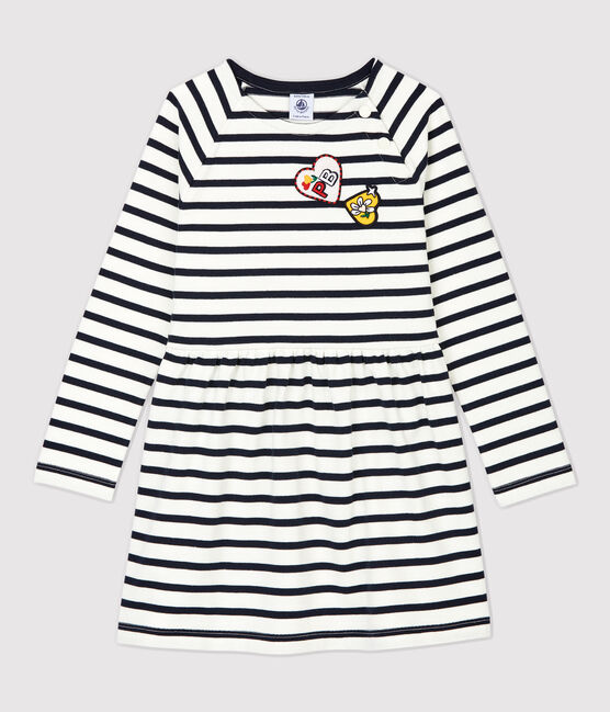 Girls' Long-Sleeved Cotton Dress MARSHMALLOW white/SMOKING blue