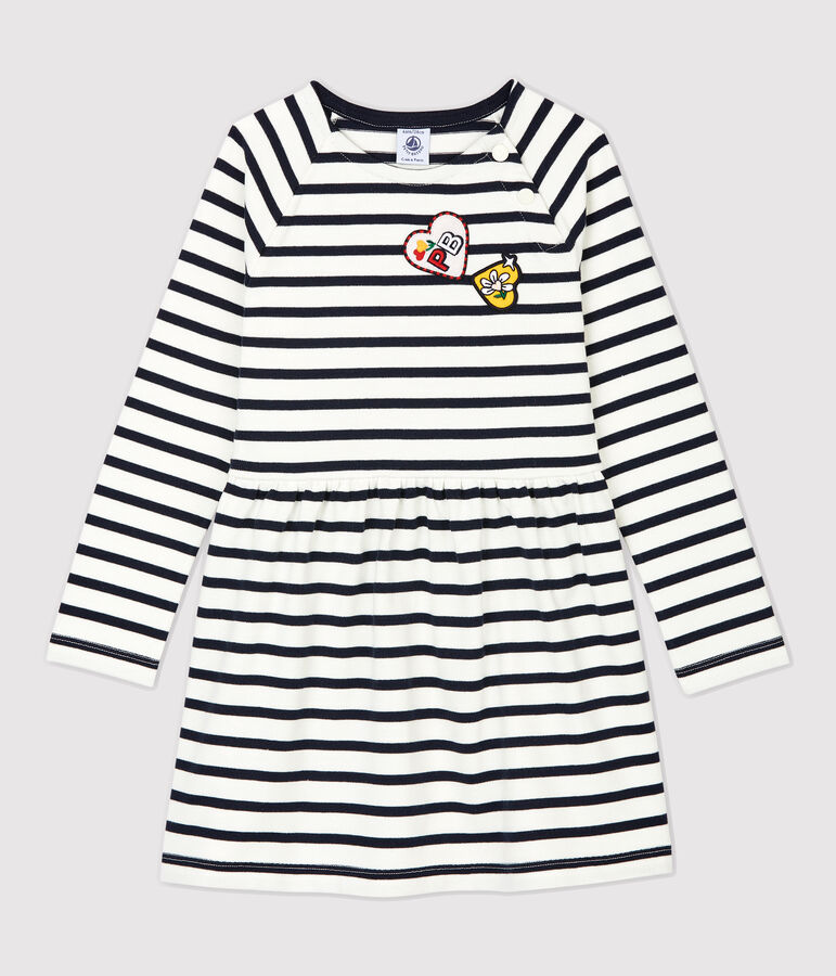 Girls' Long-Sleeved Cotton Dress white/blue