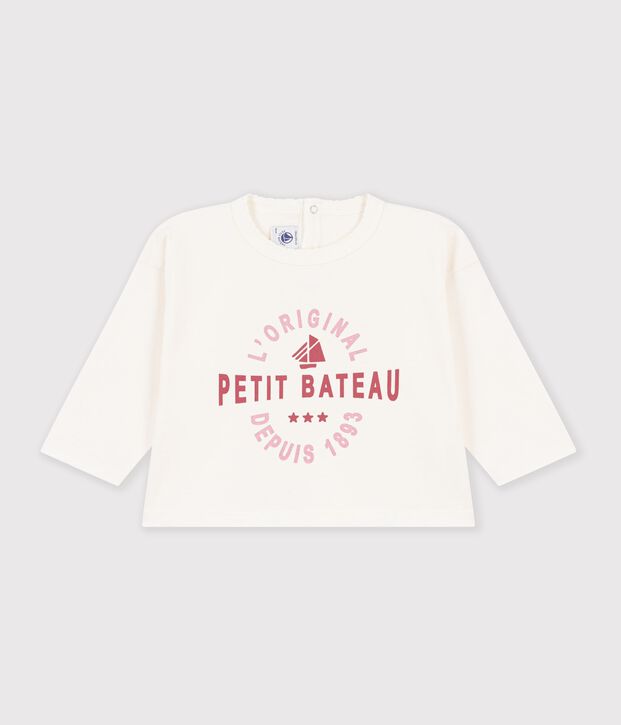Babies' long-sleeved plain cotton T-shirt with a little motif MILK