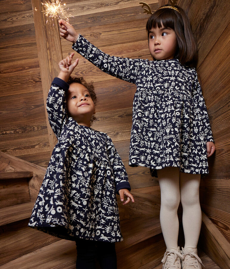 Girls' long-sleeved printed tube knit dress blue/ecru