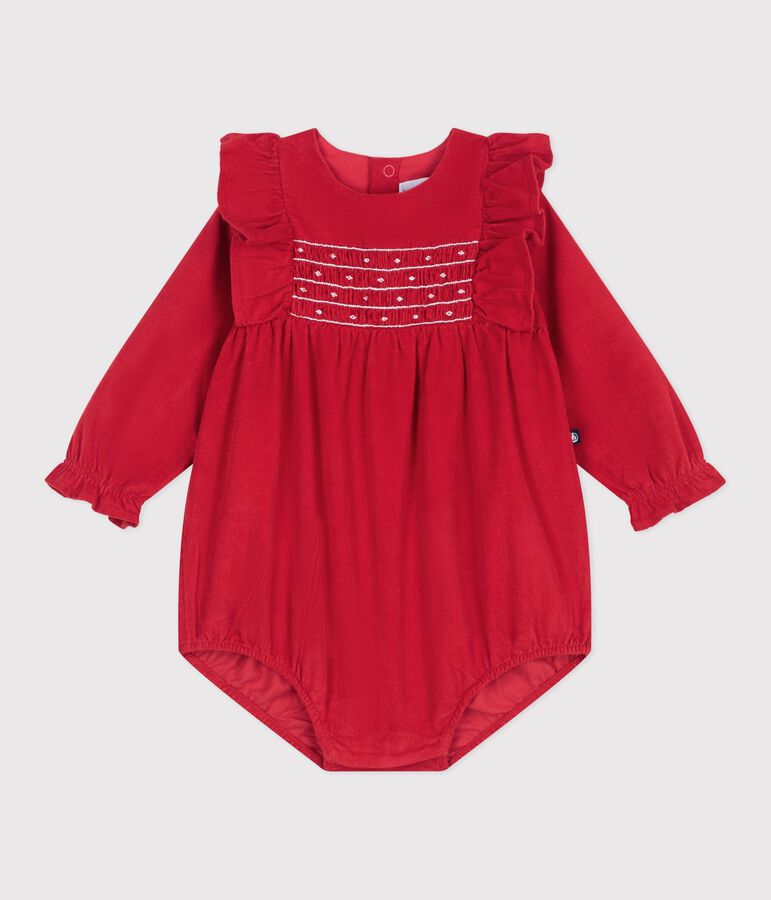 Babies' short corduroy playsuit with smocking and ruffles red