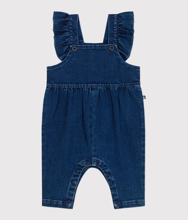 Babies' dungarees with ruffles and long legs, made in denim with elastane blue