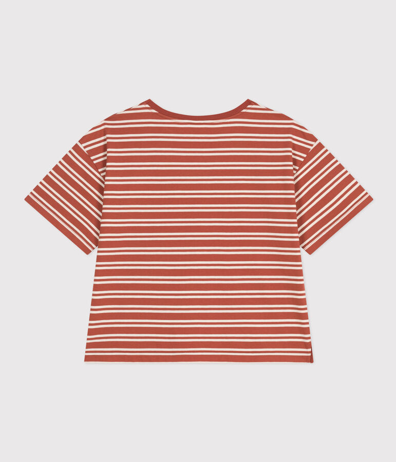 Women's Boxy Stripy Cotton T-Shirt brown/ecru