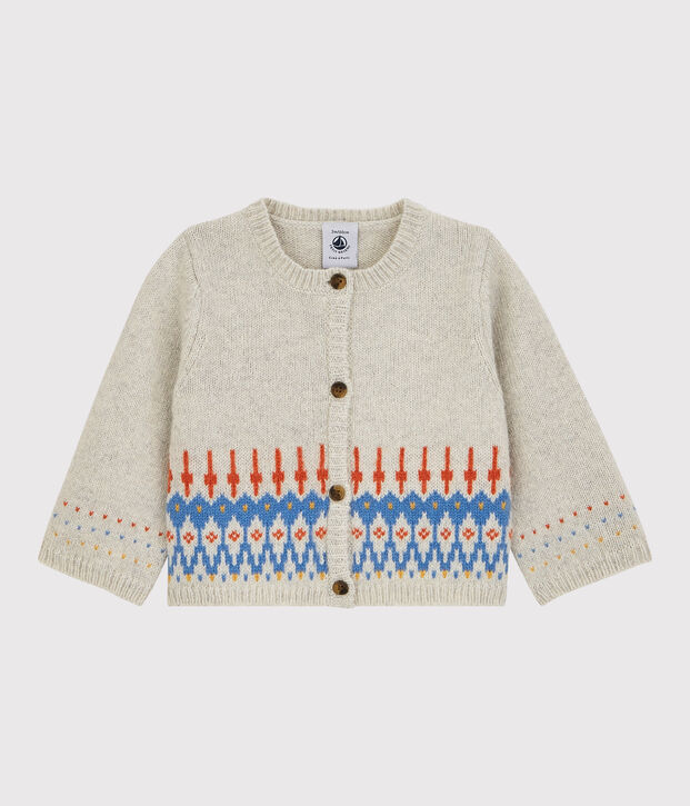 Babies' Patterned Knit Cardigan in Wool Knit. beige