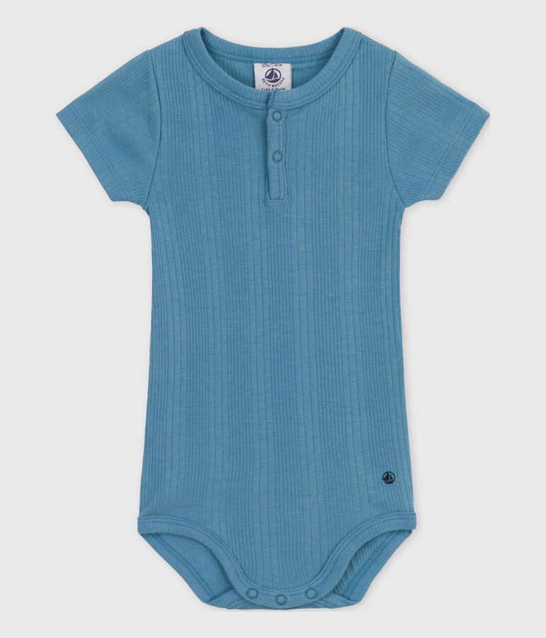 Babies' Short-Sleeved Cotton Bodysuit With Henley Neck blue