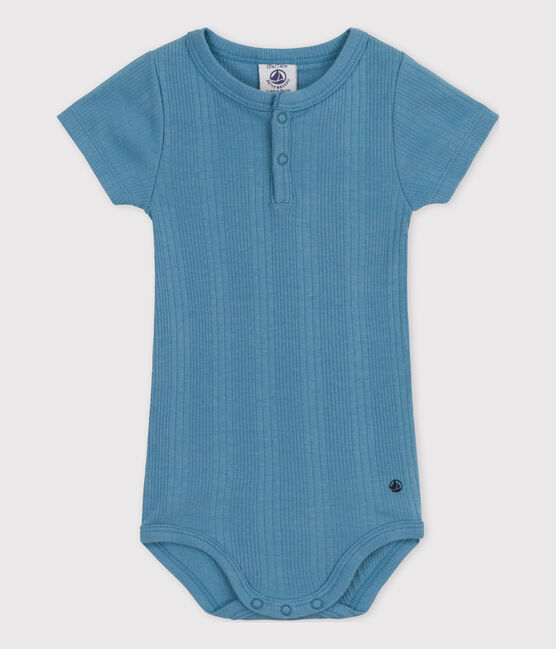 Babies' Short-Sleeved Cotton Bodysuit With Henley Neck LAVIS blue