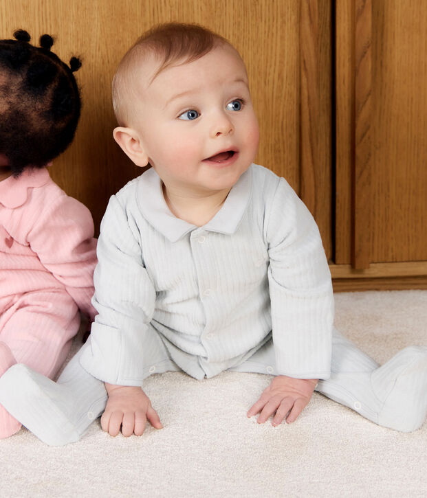 Babies' plain velour pyjama suit with a collar blue