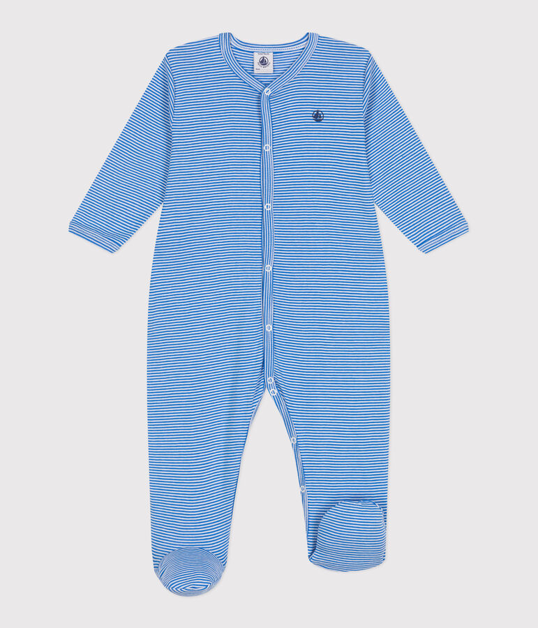 Babies' stripy cotton pyjama suit blue/white