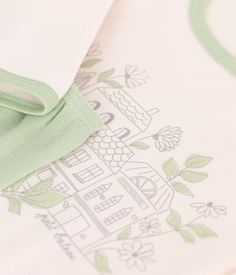 Girls' long-sleeved cotton pyjamas beige/green