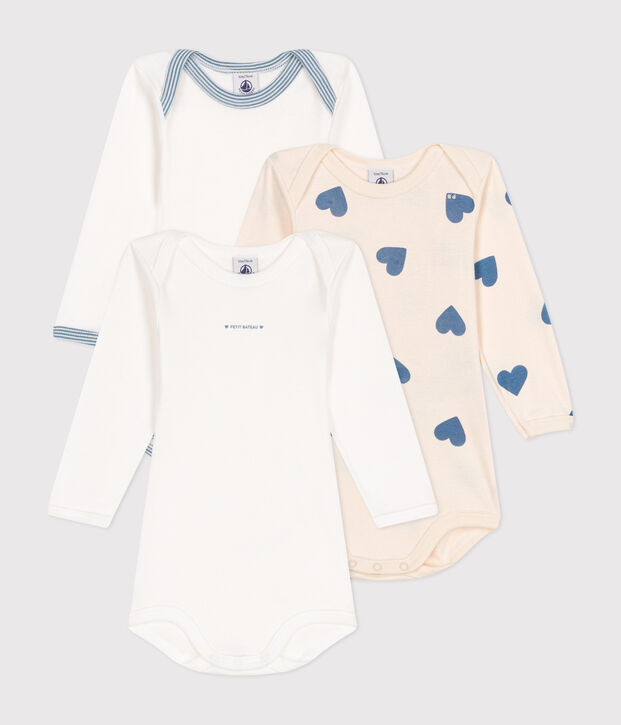 Babies' long-sleeved blue heart-patterned cotton bodysuits - 3-pack multicolor