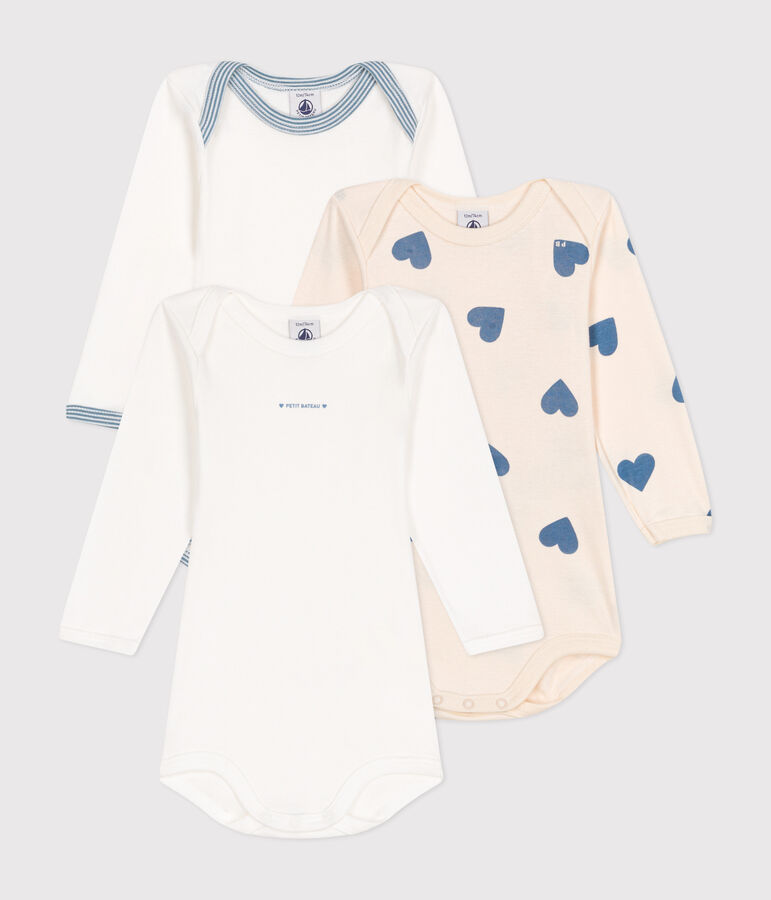 Babies' long-sleeved blue heart-patterned cotton bodysuits - 3-pack multicolor
