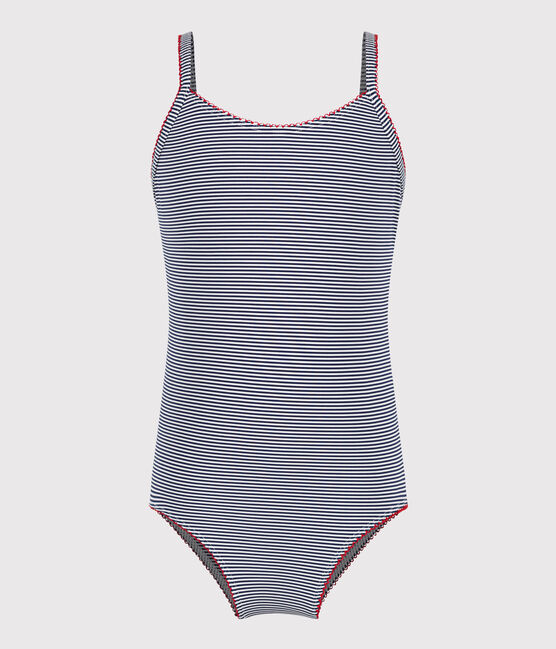 Children's one-piece stripy swimsuit MEDIEVAL blue/MARSHMALLOW white