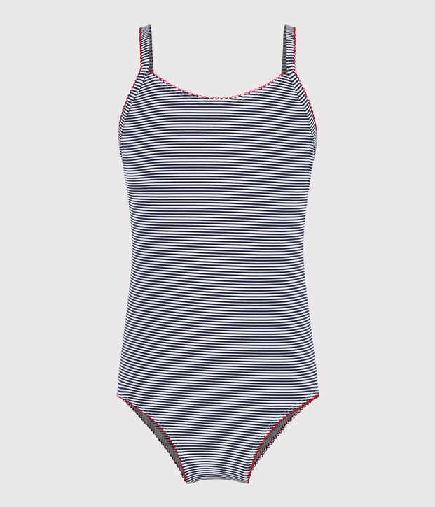Children's one-piece stripy swimsuit blue/white