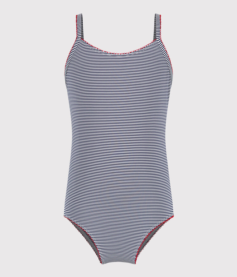 Children's one-piece stripy swimsuit blue/white