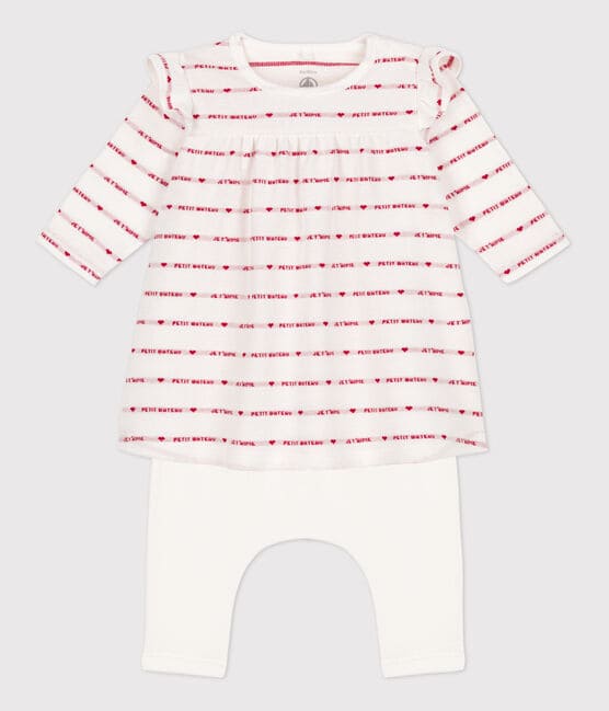 Babies' Cotton Patterned Knit Dress With Leggings MARSHMALLOW white/TERKUIT red