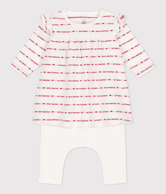 Babies' Cotton Patterned Knit Dress With Leggings MARSHMALLOW white/TERKUIT red