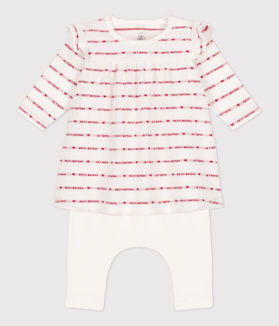 Babies' Cotton Patterned Knit Dress With Leggings MARSHMALLOW white/TERKUIT red