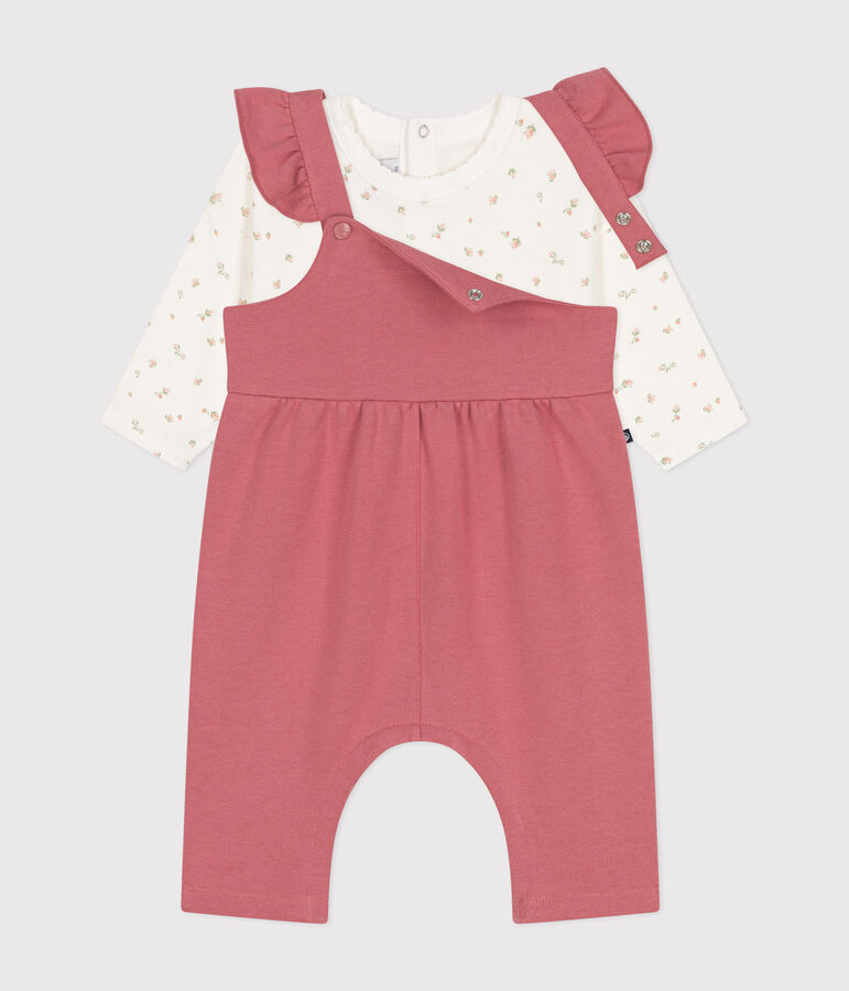 Babies' cotton T-shirt and fleece dungaree outfit pink/multicolor